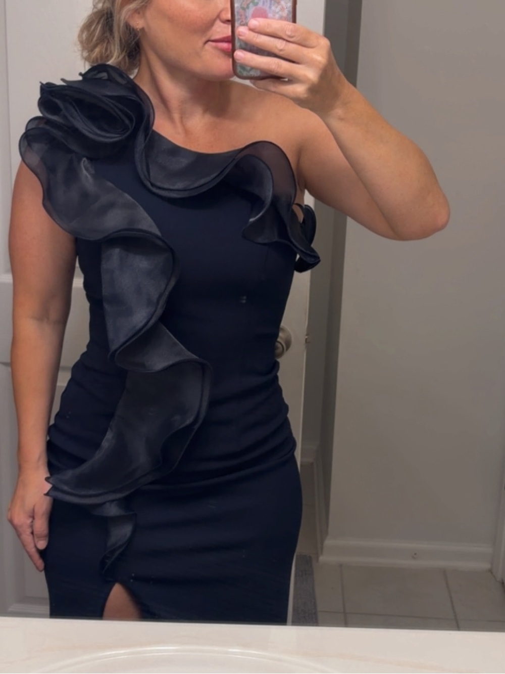 DREA" SCUBA CREPE DROP SHOULDER RUFFLE DRESS - Picture 5 of 6